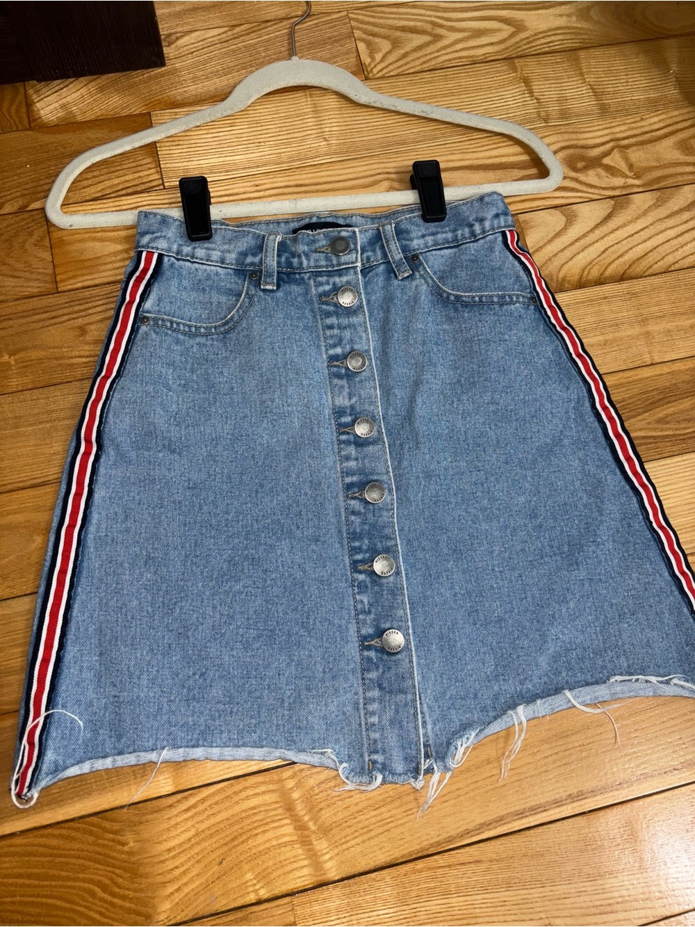 Light Blue Denim Mini Skirt with Red-White-Navy Side Stripes